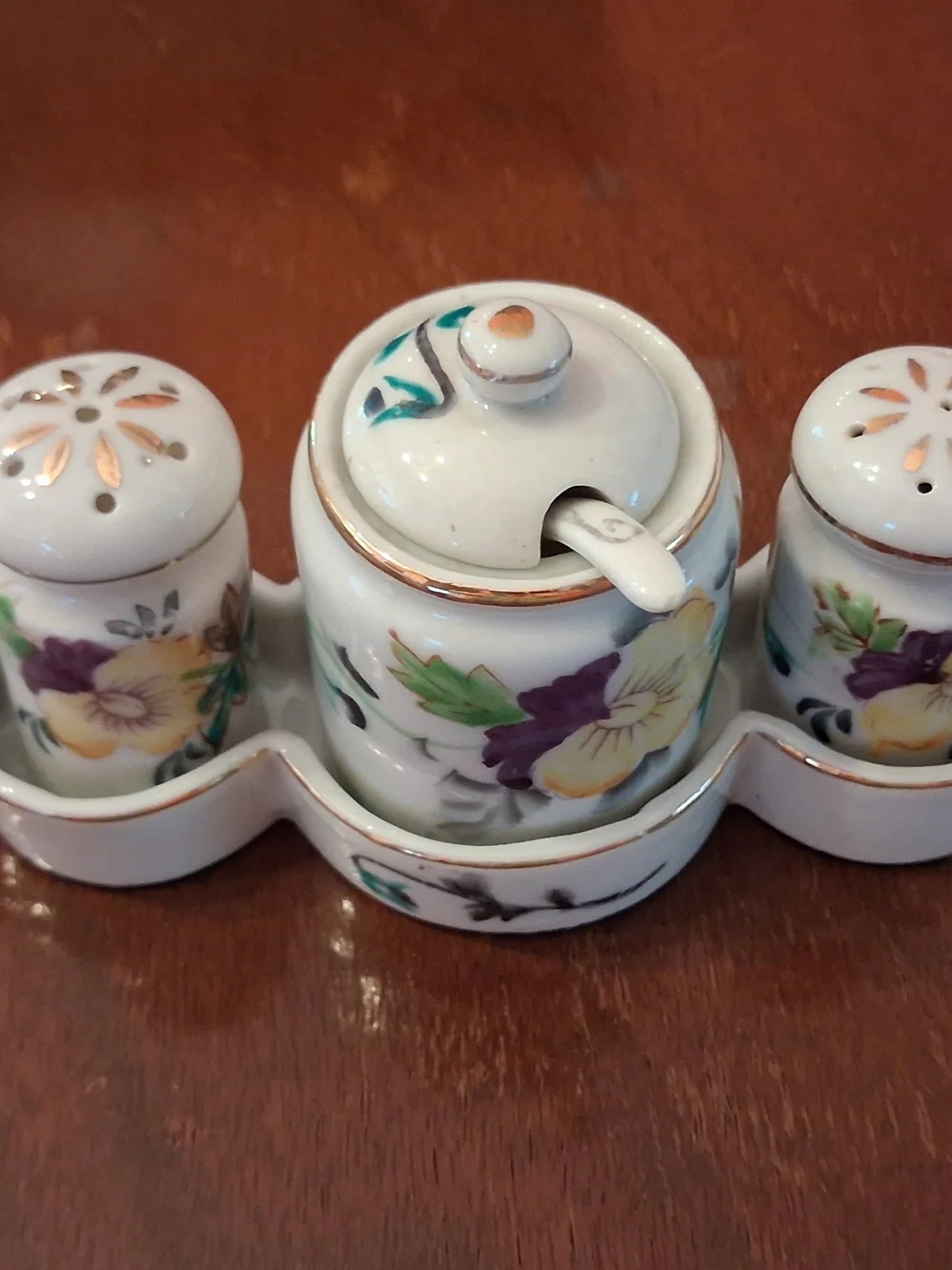 Noritake Floral Porcelain Condiment Set in White, Purple, Green, Gold Trim